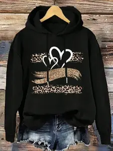 Women's Leopard Heart Print Graphics Hoodie, Casual Loose-Fit Pocket Sweatshirt, Fall & Winter Fashion, Soft Kint Fabric, Street Style Top