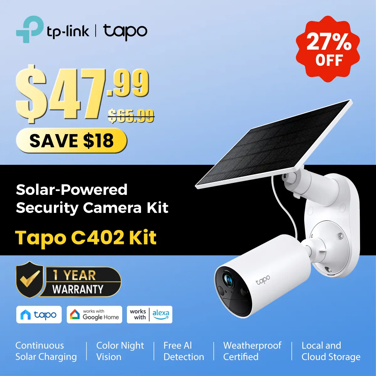 TP-Link & Tapo C402 Kit Solar-Powered Outdoor Security Camera,180-Day Battery OR Forever Solar! | 1080P Color Night Vision | Free Person Detection | No Hub Needed | Alexa & Google Compatible