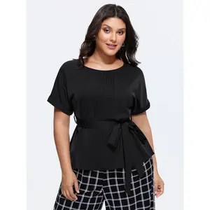 BLOOMCHIC Plus Size Toothpick Pleated Waist-Tie Plain Blouse [M-6X]2026 Summer Vibes