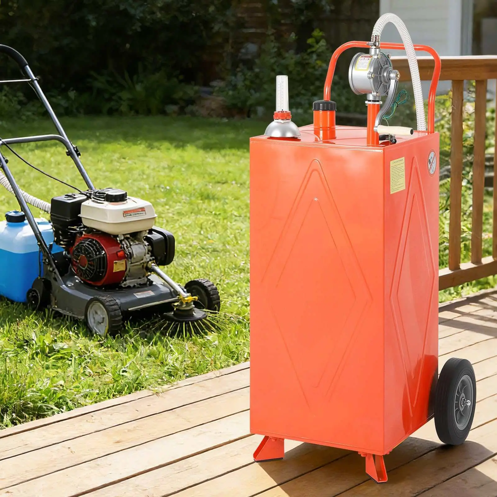 30 Gallon Portable Fuel Container with Manual Hand Pump, Rolling Gasoline & Diesel Transfer System with Hose and Wheels