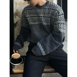 Men's Autumn Winter New Round Neck Nordic Style Geometric Pattern Unisex Knitted Long Sleeve Pullover Sweater Top