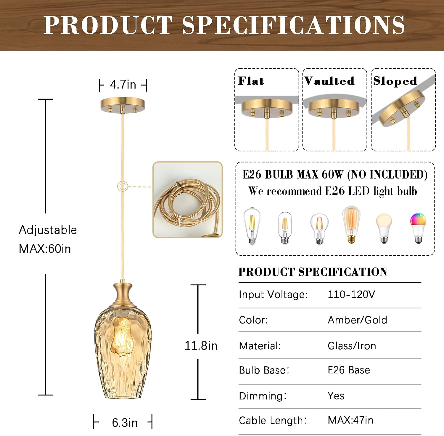 Glass Pendant Lights Kitchen Island, 1-Light Gold Pendant Light Fixtures with Hammered Amber Glass Vintage Hanging Light for Kitchen Sink Dining Room Bedroom