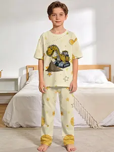Engineering Dinosaur Cute Cartoon 2-Piece Boys' Digital Printed Short-Sleeve Pajamas with Long Sleep Pants, Flame-Retardant Fabric. A stylish, trendy, casual, comfortable and soft pajama set, suitable for sleeping and home leisure. Made of 100% polyester,