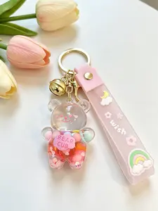 Cute Liquid Quicksand Bear Keychain Bag Charm Kawaii Cartoon Sweet Pastel Aesthetic With Shiny Glitter Sequins Gold Bell & Durable Wrist Strap Anti-Lost Metal Clasp For Teen Girls Women Backpack Purse Car Accessories Birthday Gift, Keychain For Bags