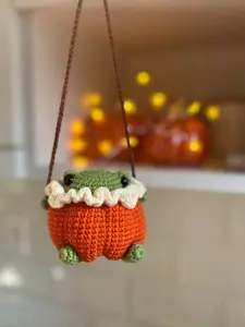 Loppy Puff - Handmade Crochet Frog In Pumpkin Ornament | Cute Amigurumi Fall Decor | Kawaii Hanging Plush Gift For Autumn