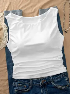 Boat Neck Sleeveless Tank Top, Slim Fit Waist Ruched Design, Solid Color Basic Layering Top, Casual Summer Fashion