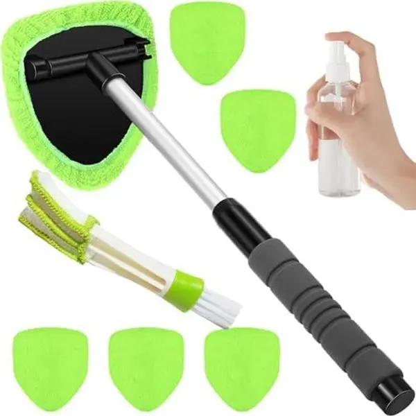 21in Green Windshield Cleaner Tool Kit - Extendable 15.9-21in Handle, 10x Durable Reusable Microfiber Pads, 60ml Capacity, 180° Rotating Head, Anti-Fog, Streak-Free View, Car Detailing Accessory Fits Cars & RVs