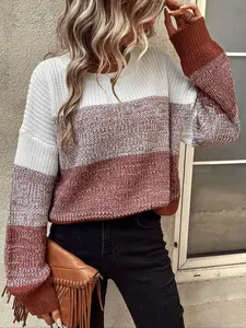 Women's Gradient Crew Neck Sweater, Casual Long Sleeve Loose Knit Pullover, Fall Winter Fashion Colorblock Jumper, Casual Fitted Knitwear, Tops, Knitting, Womenswear