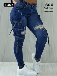 Y2K women's street style Streetwear multi-pocket cropped work Stretchy Cargo Denim Jeans with flap pockets for autumn and winter, perfect for Christmas fashion