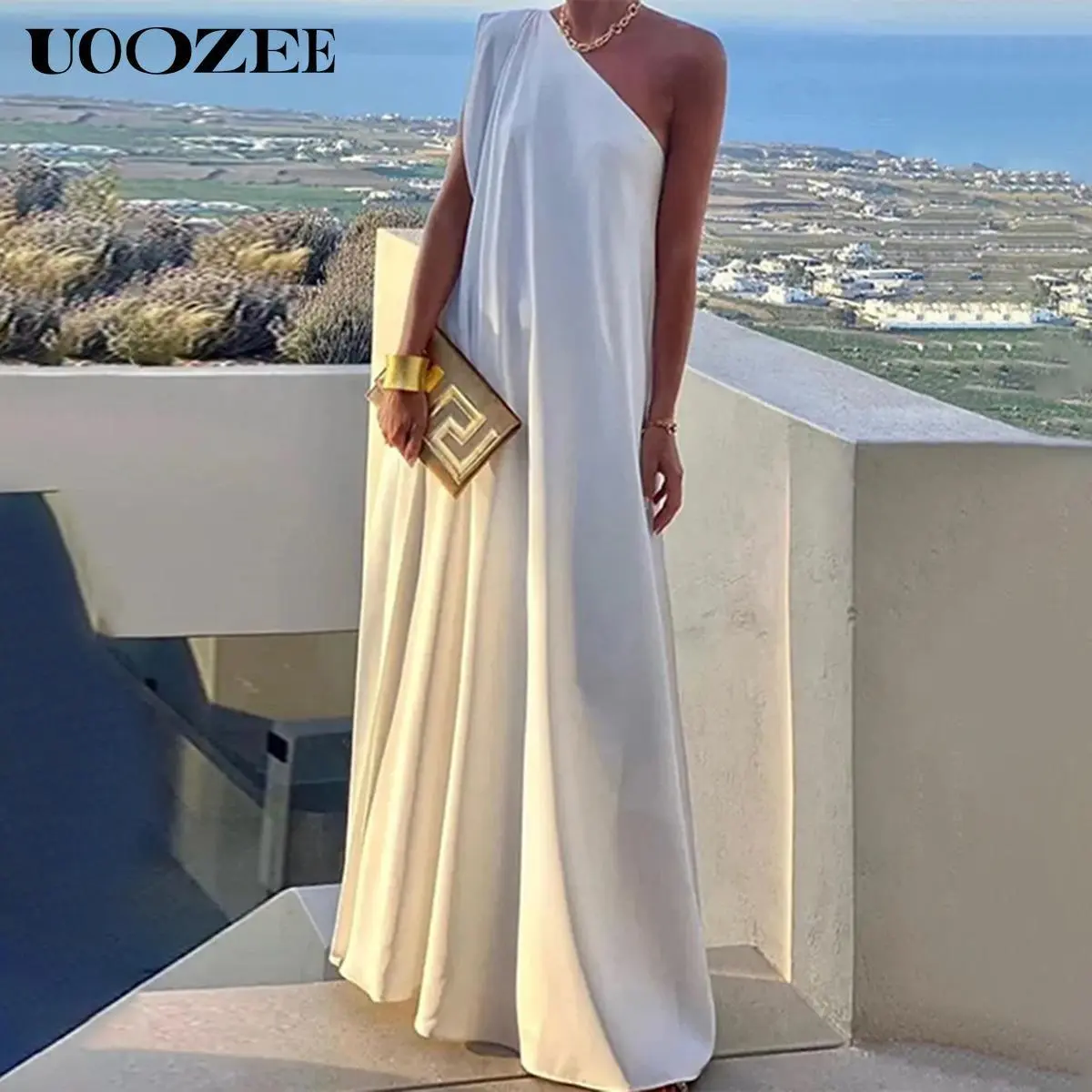 uoozee white dress Women's 2025 Mock Neck Formal Cocktail Party Maxi Dresses One Long Sleeve Elegant Club Evening Dress, White, S : Clothing, Shoes & Jewelry Half Sleeves Loose Solid Color