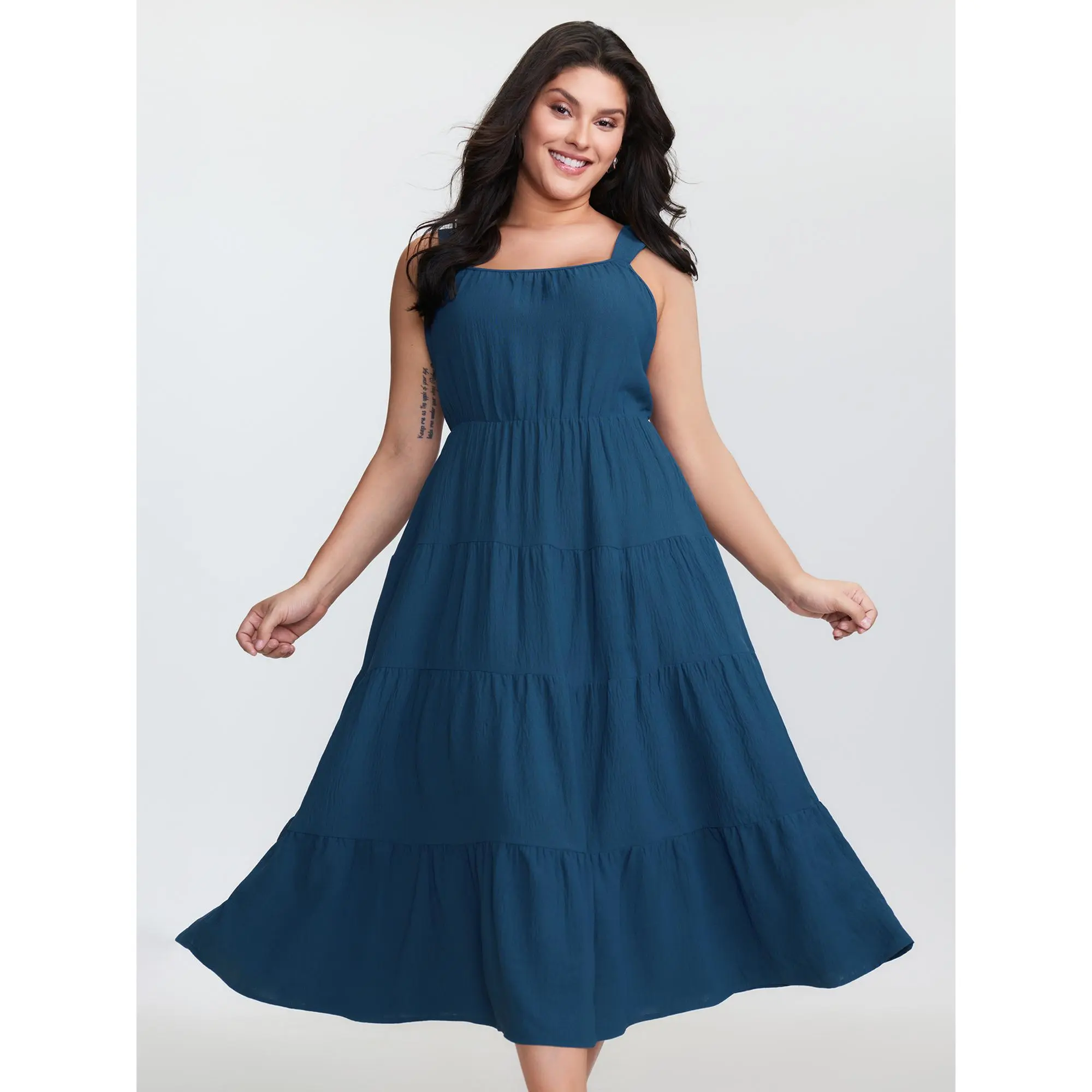 BLOOMCHIC Lady's Curvy Plus Size Plain Tiered Wide-Strap Maxi Dress - 2026 Fit-Focused Smooth Polyester Fabric, Aegean-Inspired, Pocket-Equipped, M-6X Summer Casual Sleeveless Curvy Plus Size Clothes,Summerfinds