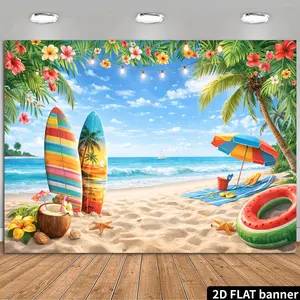 2D Flat Banner Polyester Photography Backdrop, HD Digitally Printed Soft Lightweight Foldable Background Cloth featuring a Tropical Beach Scene with Palm Trees, Surfboards, Ocean, and Sandy Shore for Summer Parties, Vacation Photo