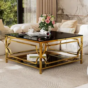 Square Glass Coffee Table with Gold Metal Frame, 33.5" Tempered Glass Top, Geometric Design & Lower Shelf - 80lbs Capacity, Modern Living Room Coffee Table (Black)
