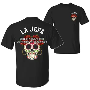 La Jefa Sugar Skull Day Of The Dead Dia De Los Muertos T-Shirt, Trendy Hispanic Halloween Spooky Latina Season Back Side Graphic Design Unisex Cotton T-shirt for Men for Women Menswear Womenswear Top