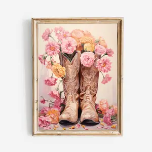 Floral Cowgirl Boots  Print Unframed, Dorm Room Wall Art, Vintage Style Pink Western Poster,  Boho Girl Wall Decor