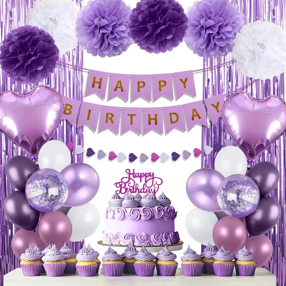 Women's Purple Birthday Party Supplies Kit - Festive Decor Items: Banner, Balloons, 1pcs Balloon Garland Strip, Foil Fringe Curtains, 6pcs Tissue Paper Pompoms, Heart Garland, 1pcs Cake Topper, 1pcs Ribbon, Eye
