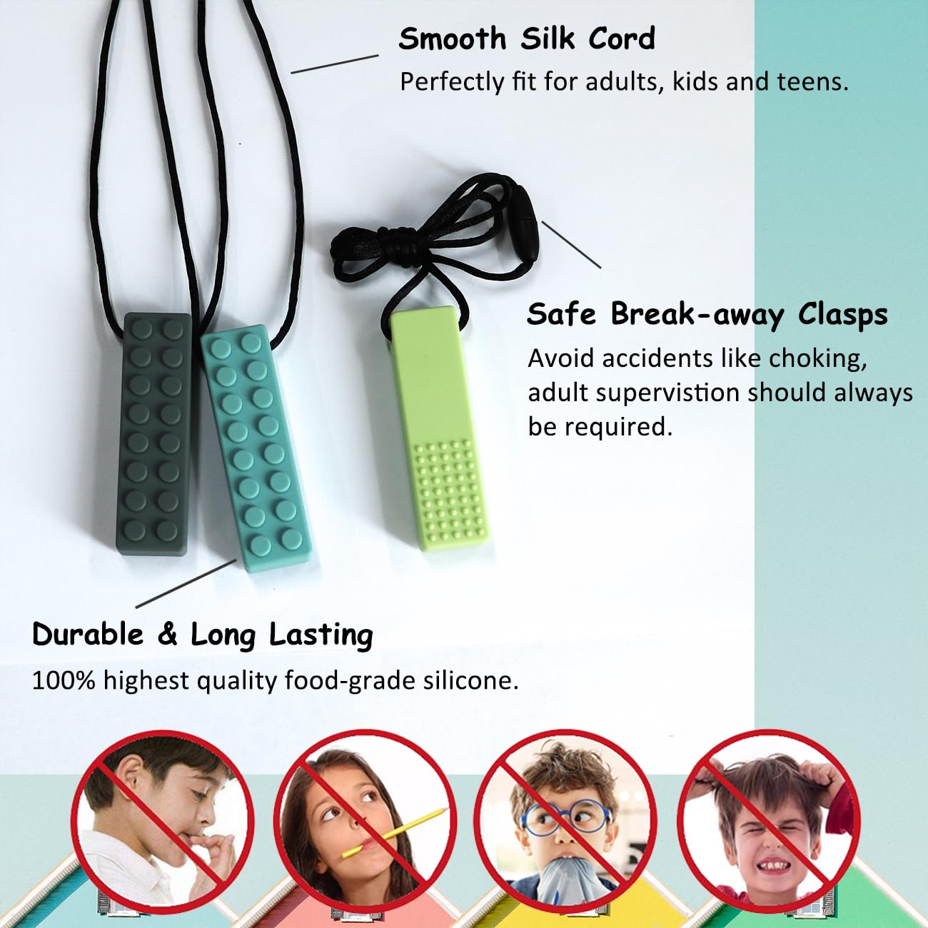 Chew Necklaces for Sensory Kids, 7 Pack Chewy Necklace Sensory Toys for Kids with Autism, Anxiety, ADHD, SPD, Silicone Chew Toys for Boys Girls Adults Chewing Biting Fidgeting