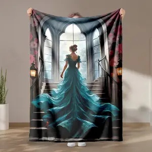 1 piece Cinderella's dreamy blue ball gown themed flannel blanket - Oversized comfortable flannel sofa blanket, suitable for beds and sofas, all-season use, modern design, digitally printed pattern, 100% polyester material, machine washable