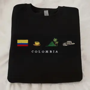 Colombia Embroidery Sweatshirt, Cozy, Black, Sombrero Vueltiao, Cafe Eje Cafetero, Palma de Cera, Andes, Gift, Symbol Stitch Crewneck Unisex