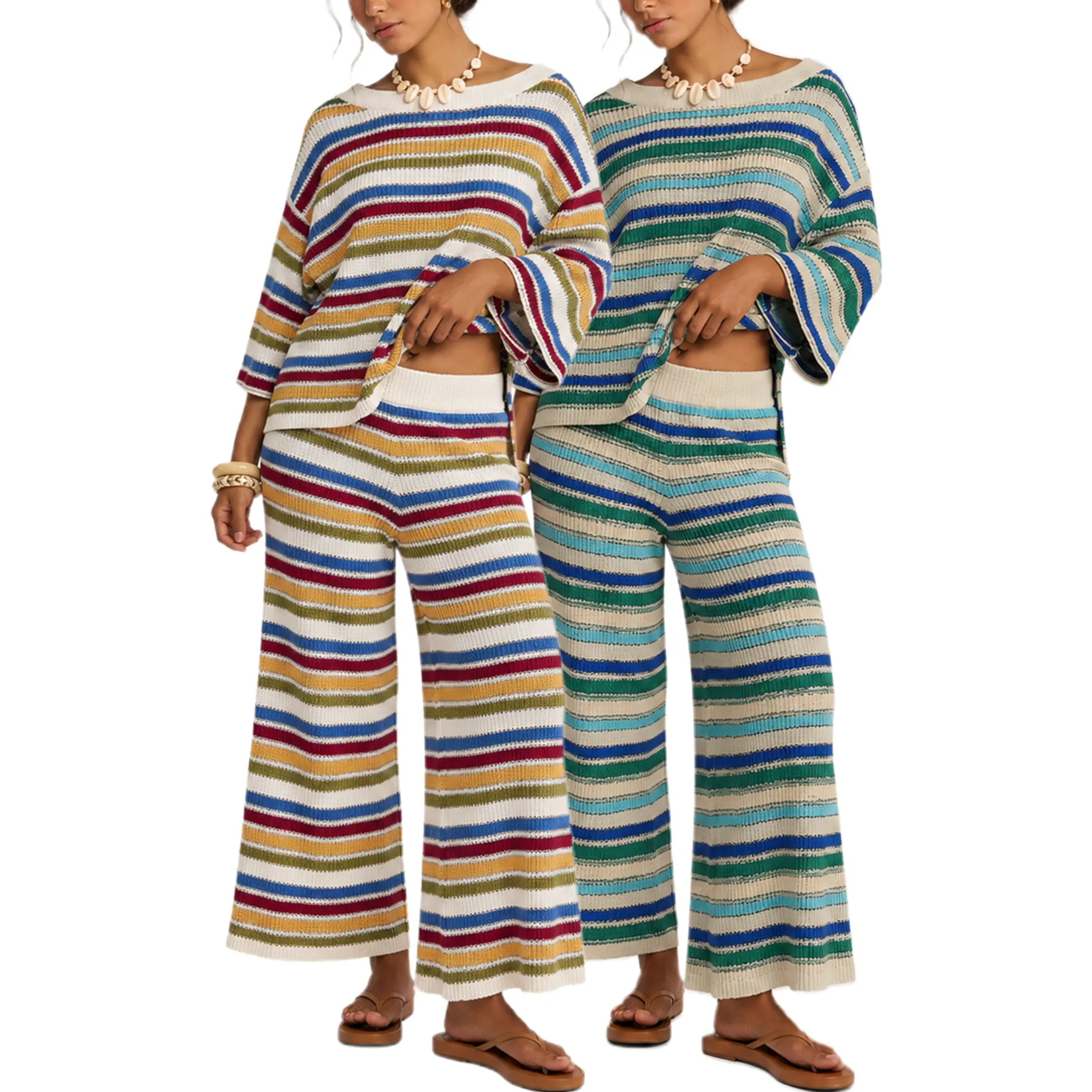 Buenoble Women’s Rainbow Striped Knit 2 Piece Set Oversized Sweater Top & High Waist Wide Leg Pants