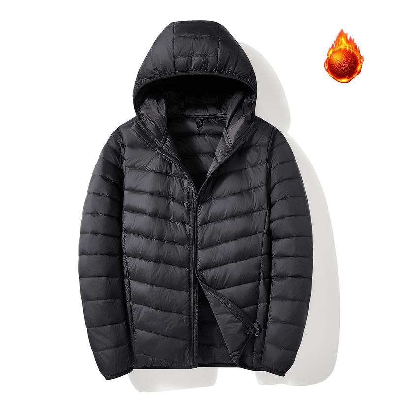 Men's Hooded Lightweight Down Jacket Warm Packable Puffer Coat Zip-Up Winter Outerwear for Casual Wear with Hood and Comfortable Down Material
