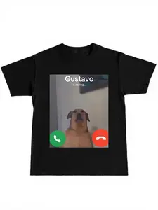 Gustavo Dog Print Short Sleeve Shirt, Casual Fitted Long Top, Humorous Design for Pet Lovers, Perfect for Home & Outdoors