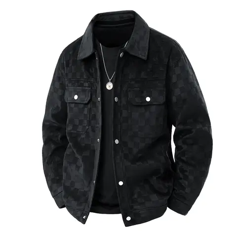 Men's Stylish Woven Plaid Button Jacket - Casual Style Outerwear, Menswear Tops, Collared Lapel Neck, Long-Sleeve, Skin-Friendly Loose Fit, Multi-Pockets, Outdoor-Ready Wear for Daily Commute & Spring/Autumn Use