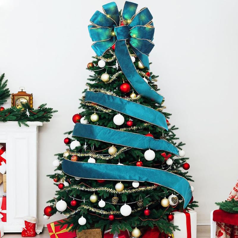 Velvet Large Christmas Tree Topper Bow 12.6 x 118 Inch Lighted up Double Side Velvet Christmas Bow with 4 x 3 Yards Ribbon Streamers for Holiday Xmas Tree Party Decoration(Turquoise)