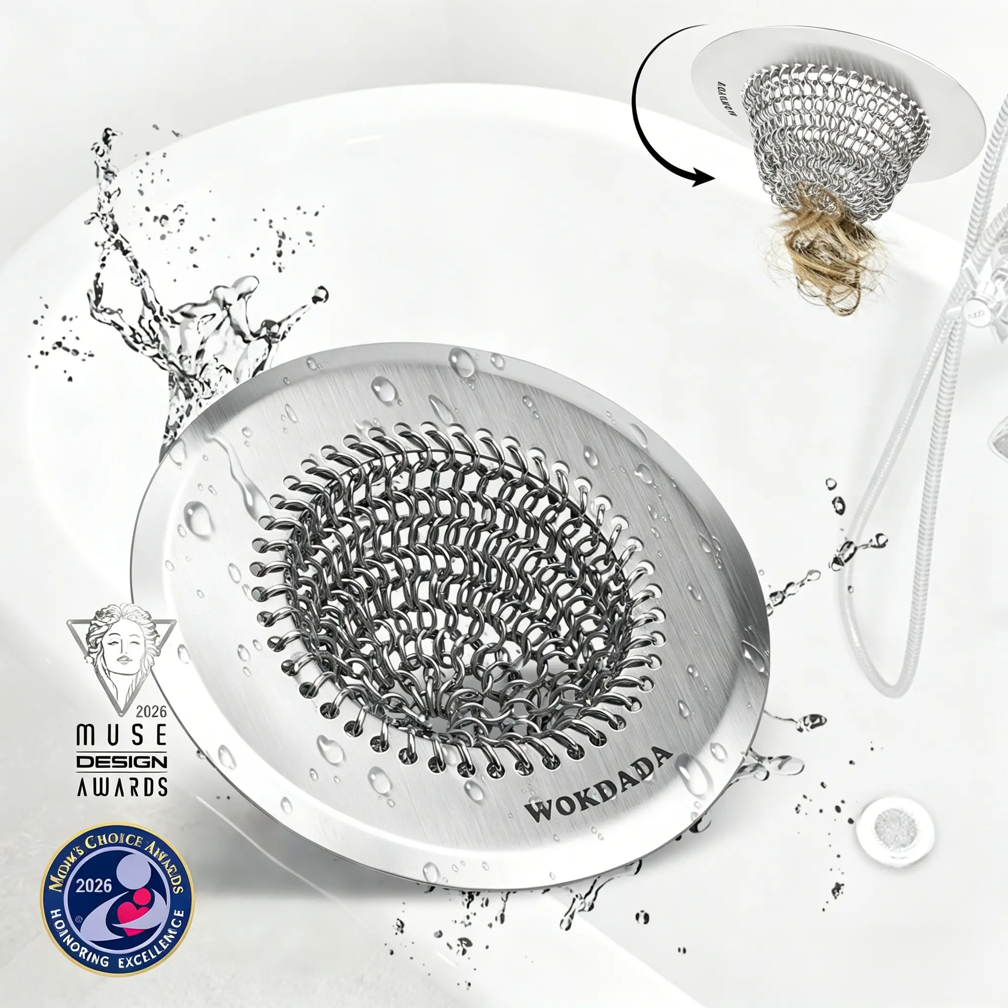 【HOT】WOKDADA 304 Stainless Steel Universal Drain Cover - Bathroom Organizer, Patented Flip-Up Chain-Mail Mesh Hair Catcher for Bathtub Sinks, Anti-Clogging Shower Drain Accessory with Smooth Flow