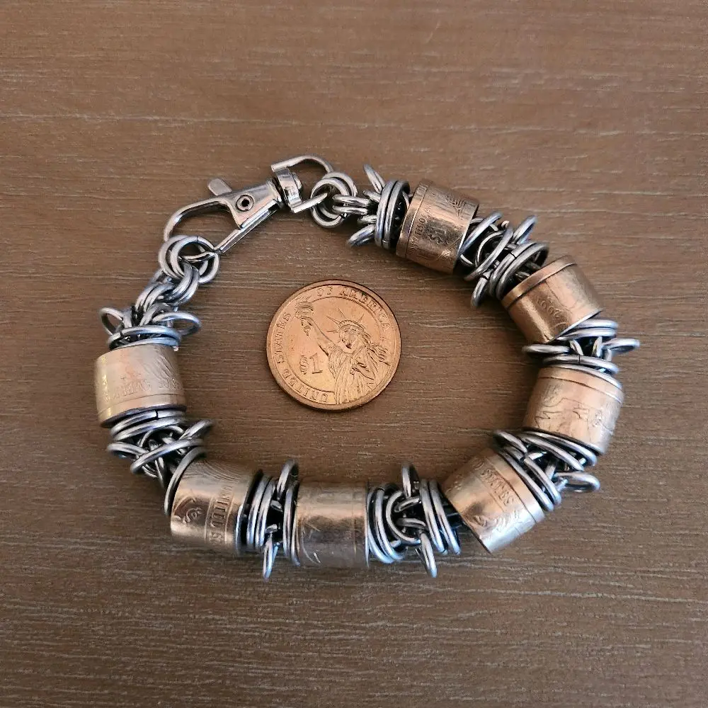 Custom United States Gold Dollar Coin and High Polished Steel Bracelet - Customizable Design with Chain Link