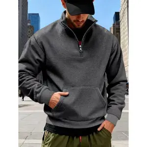 Men's half zip stand up collar kangaroo pocket sweatshirt, soft and comfortable, skin friendly and warm, loose and fitted, suitable for daily casual wear in autumn and winter. Men's long sleeved knitted sportswear