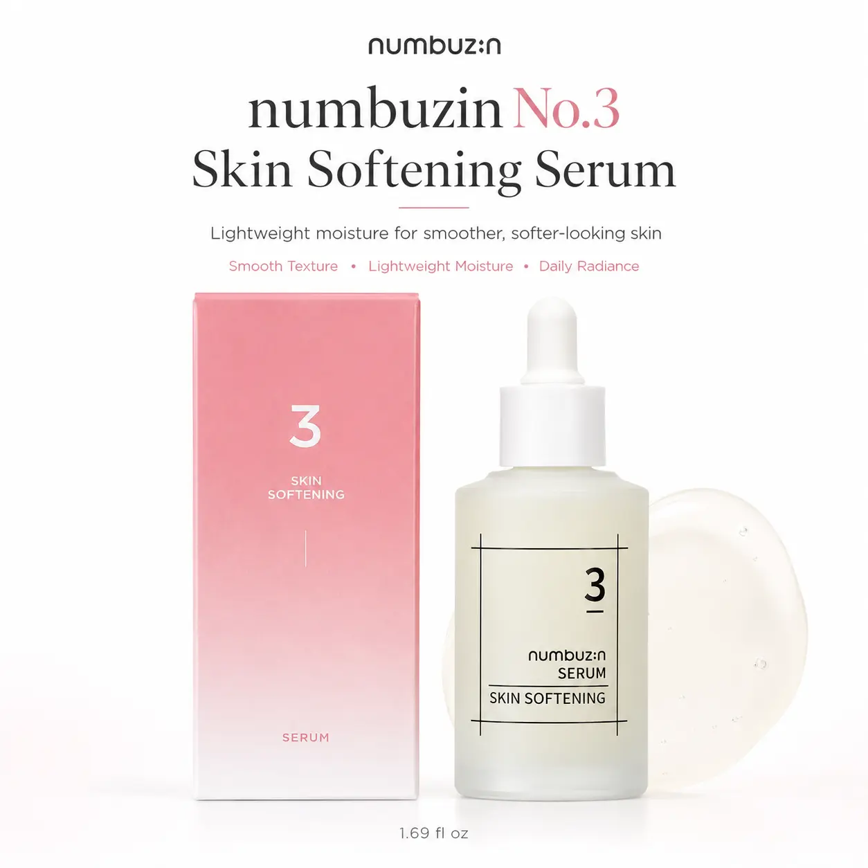 numbuzin No.3 Skin Softening Serum Moisturizer for Texture, Hydration and Radiance, Korean Facial Skincare, 1.69 Fl Oz