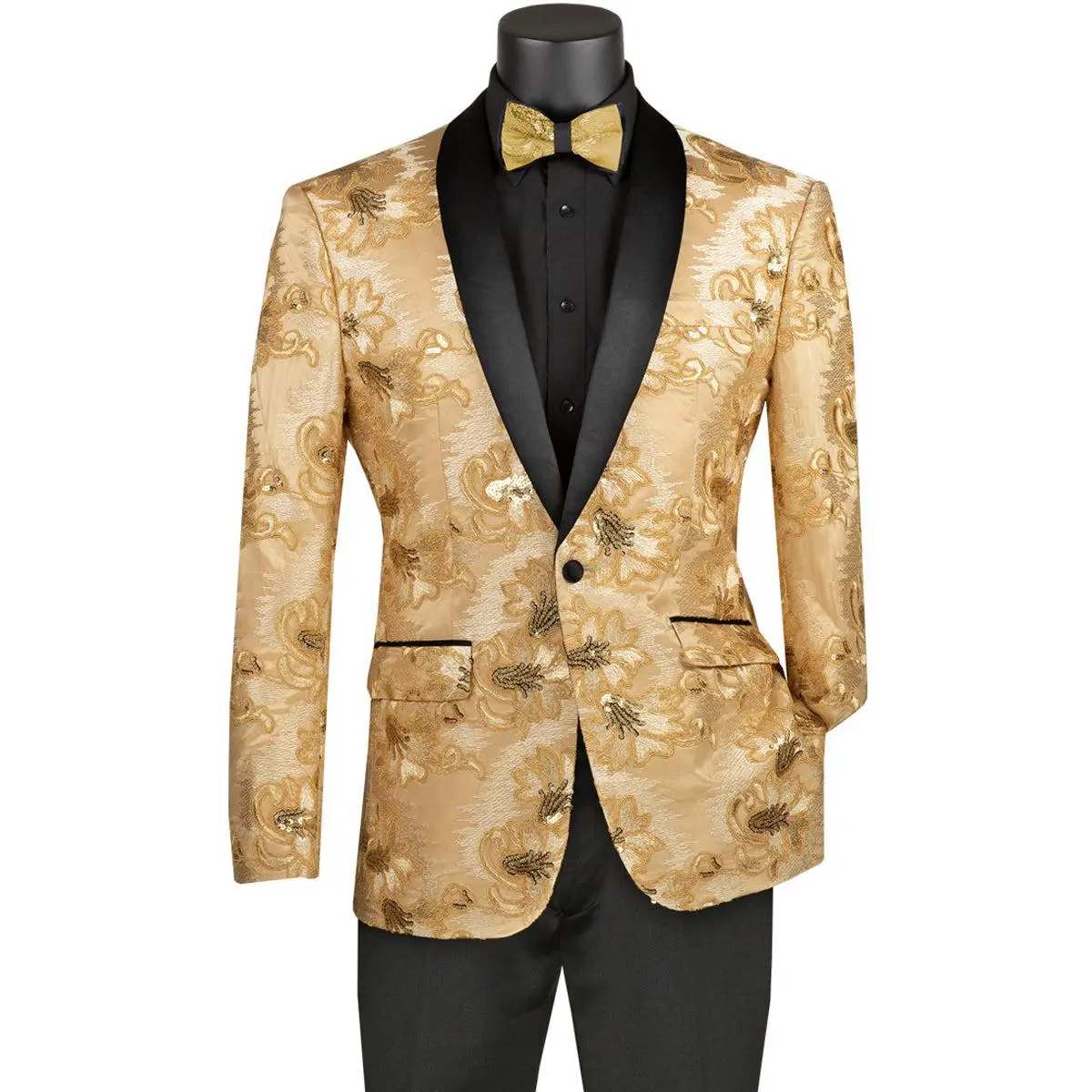Mens Slim Fit Shiny Floral Sequin Prom Tuxedo Dinner Jacket in Champagne