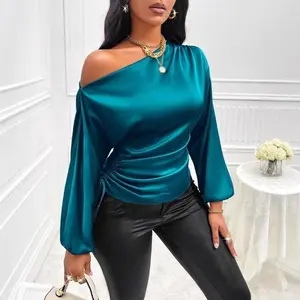 Women’s Satin Shirt for Spring and Summer, Asymmetrical Long-Sleeve Top with Oblique Collar, Blue