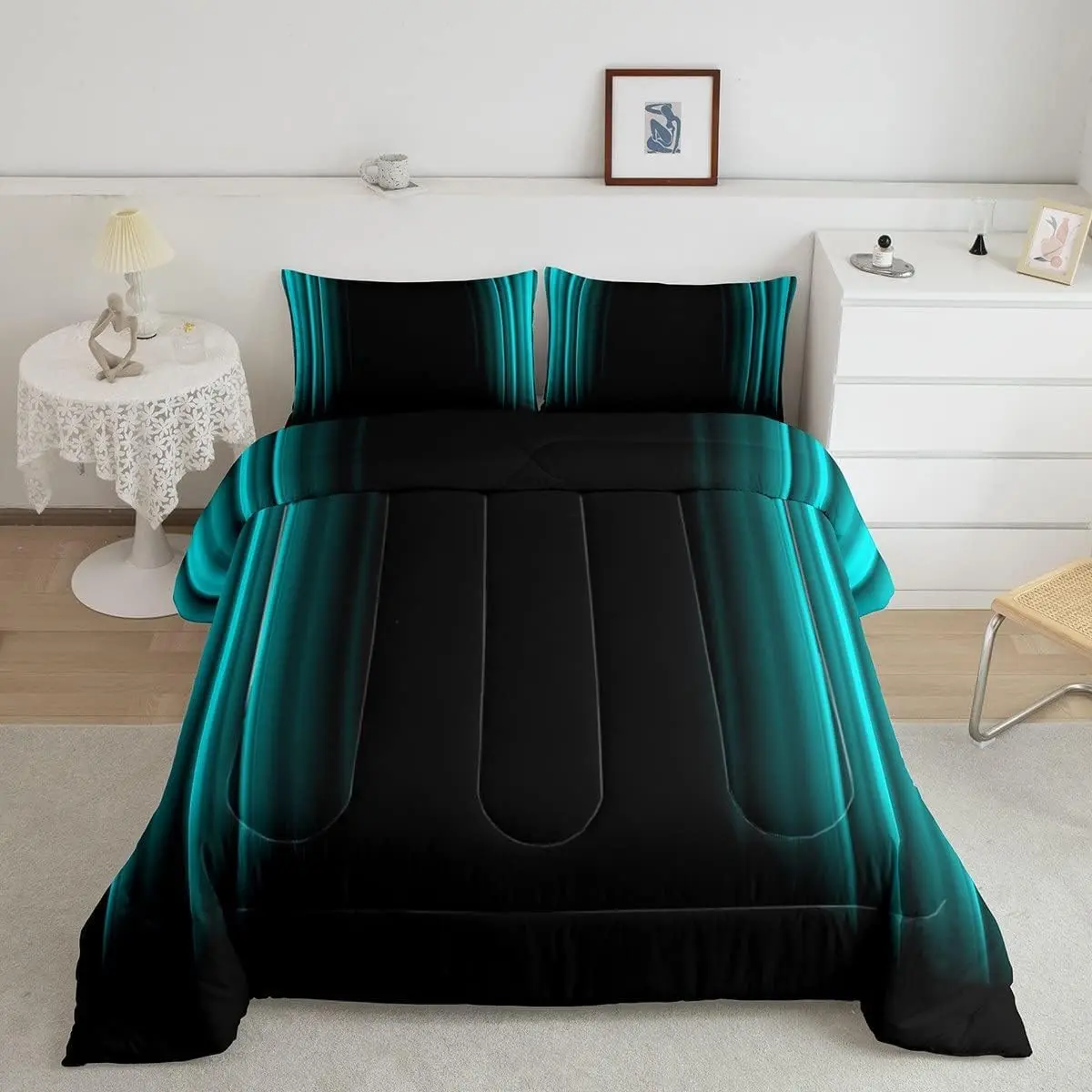 Feelyou Queen Size 3D Geometric Abstract Ombre Comforter Set - Microfibre Bedspread Set, Teal-Black Striped Decorative Bedding for Modern Bedrooms, Machine Washable