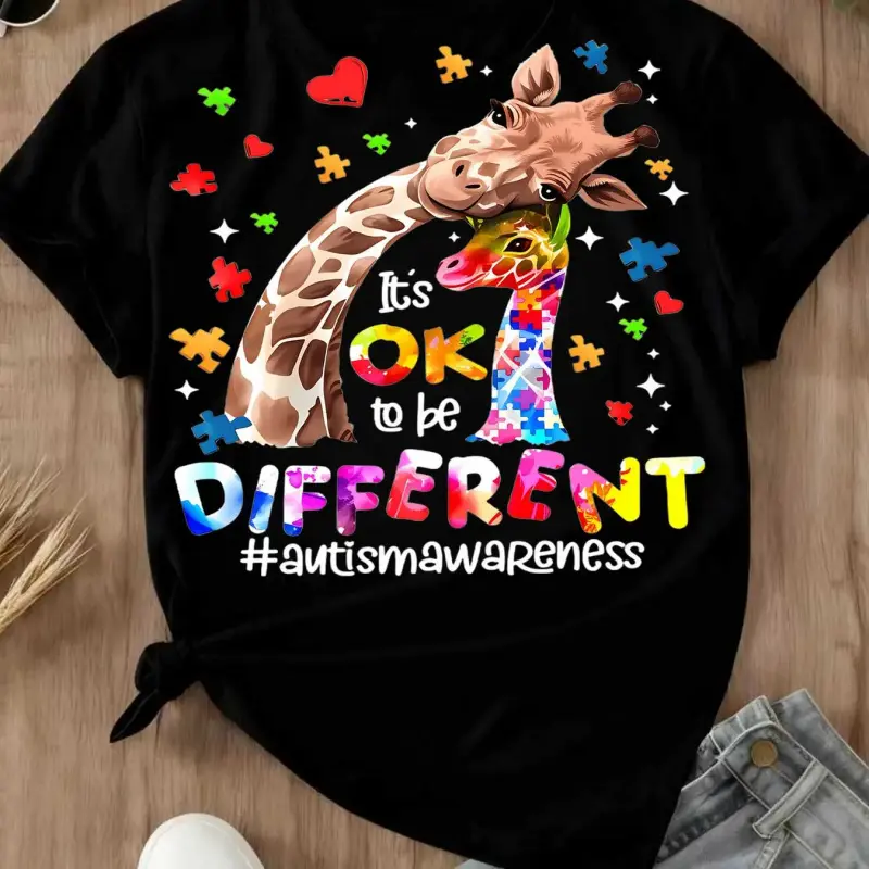 Women's Autism Awareness T-shirt with Giraffe Graphic, Oversized 100% Cotton Short-Sleeve Top, "It's Ok To Be Different" Quote, Lady