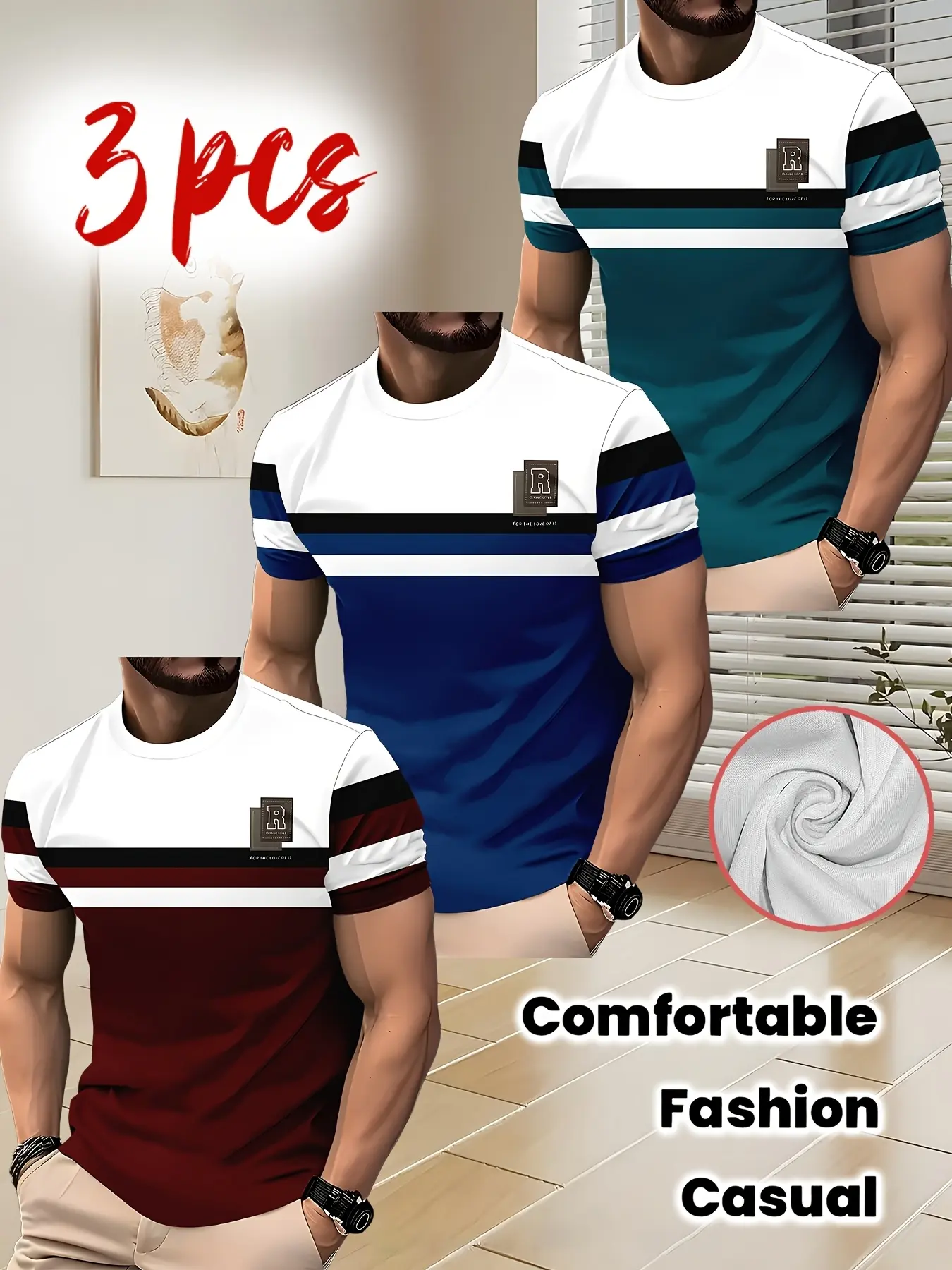 3pcs Set of Men'S Trendy Striped Color-Blocking T-Shirts with Digital Print And R Logo Decoration, Casual And Versatile Short Sleeves, Casual Comfy Fashion