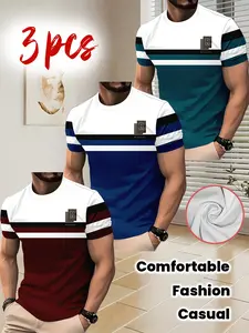 3pcs Set of Men'S Trendy Striped Color-Blocking T-Shirts with Digital Print And R Logo Decoration, Casual And Versatile Short Sleeves, Casual Comfy Fashion