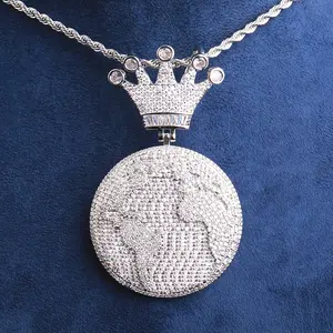 Bubble Letter Iced Out Globe Crown Pendant Men’s Cubic Zirconia World Map Hip Hop Necklace