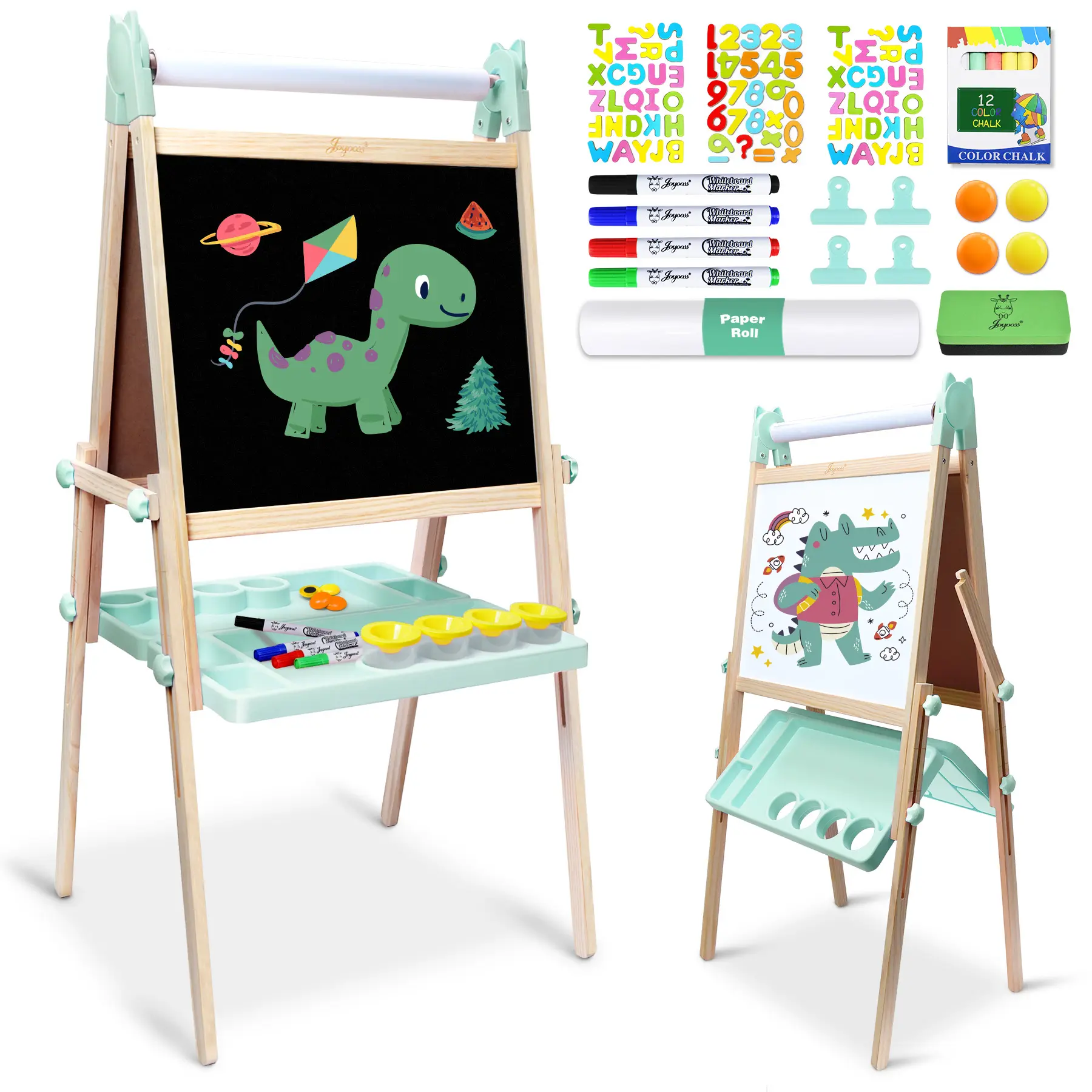JOYOOSS Easel for Kids Ages 4-8 Easels for Toddlers Art Kids Easel Age 8-12 Wooden Drawing Easels Double-Sided Magnetic Whiteboard Chalkboard with Paper Roll for Kid Dry Erase Board Green
