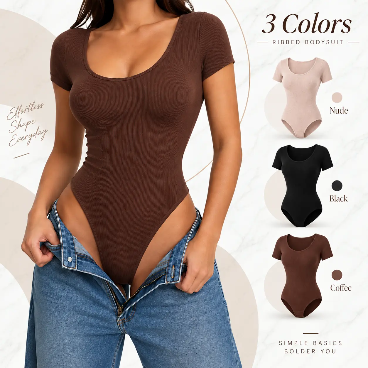 Women's Shaping Bodysuit - Short Sleeves Compression Fabric, Wire-Free 3D Push-Up Bust, Butt-Lifting, High Side Slit Triangle Gusset, Front & Crotch Snap Closure, Skin-Friendly Close Fit, Breathable Everyday Casual Garment, Sohochic