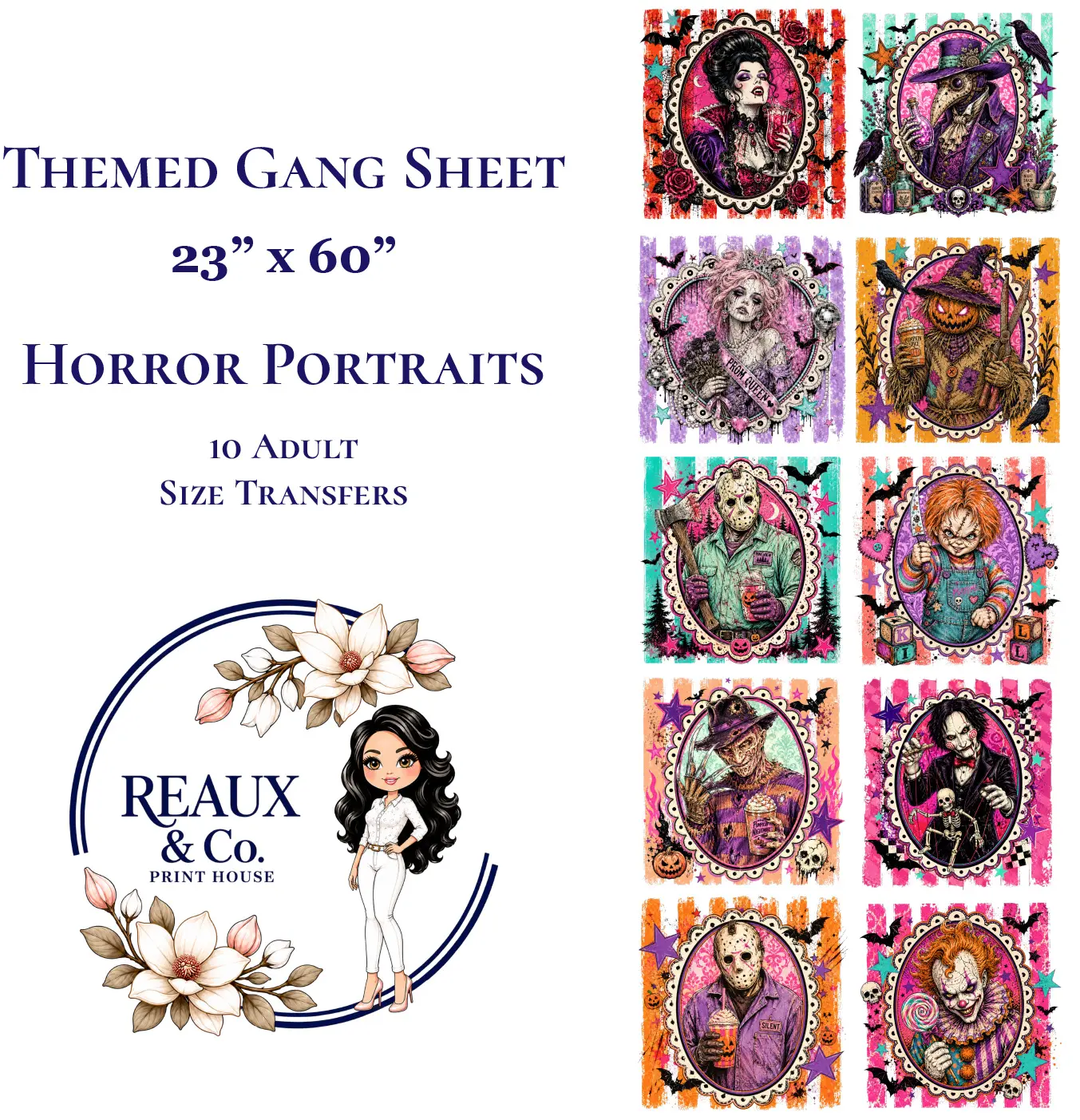 Horror Portrait Themed DTF Gang Sheet, 23x60 in, 12 Adult-Size Ready-to-Press Transfers