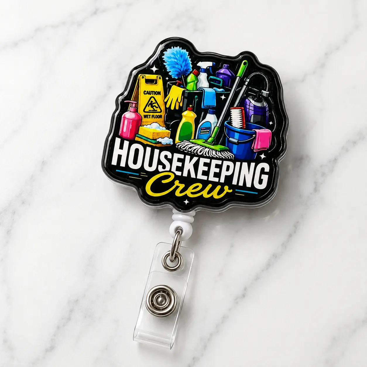 Housekeeping Crew Badge Reel | Colorful Cleaning Supplies Retractable ID Badge Holder with Metal Clip, Janitor Custodian Work Gift, 2 3 4 Inch Sizes