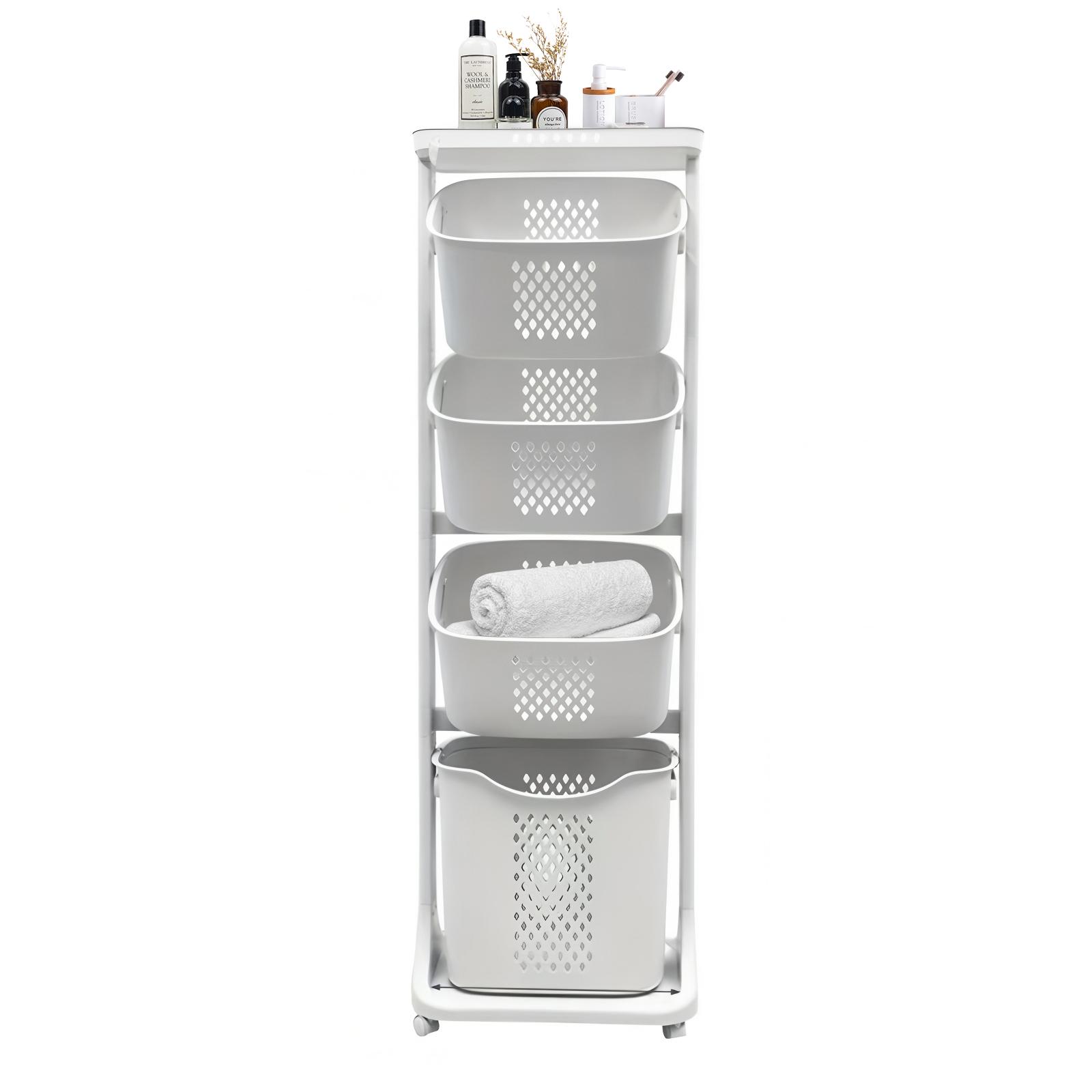 4-Tier Rolling Laundry Hamper Sorter, White Home Organizer Storage Cart with Removable Baskets and Wheels for Dirty Clothes Organization