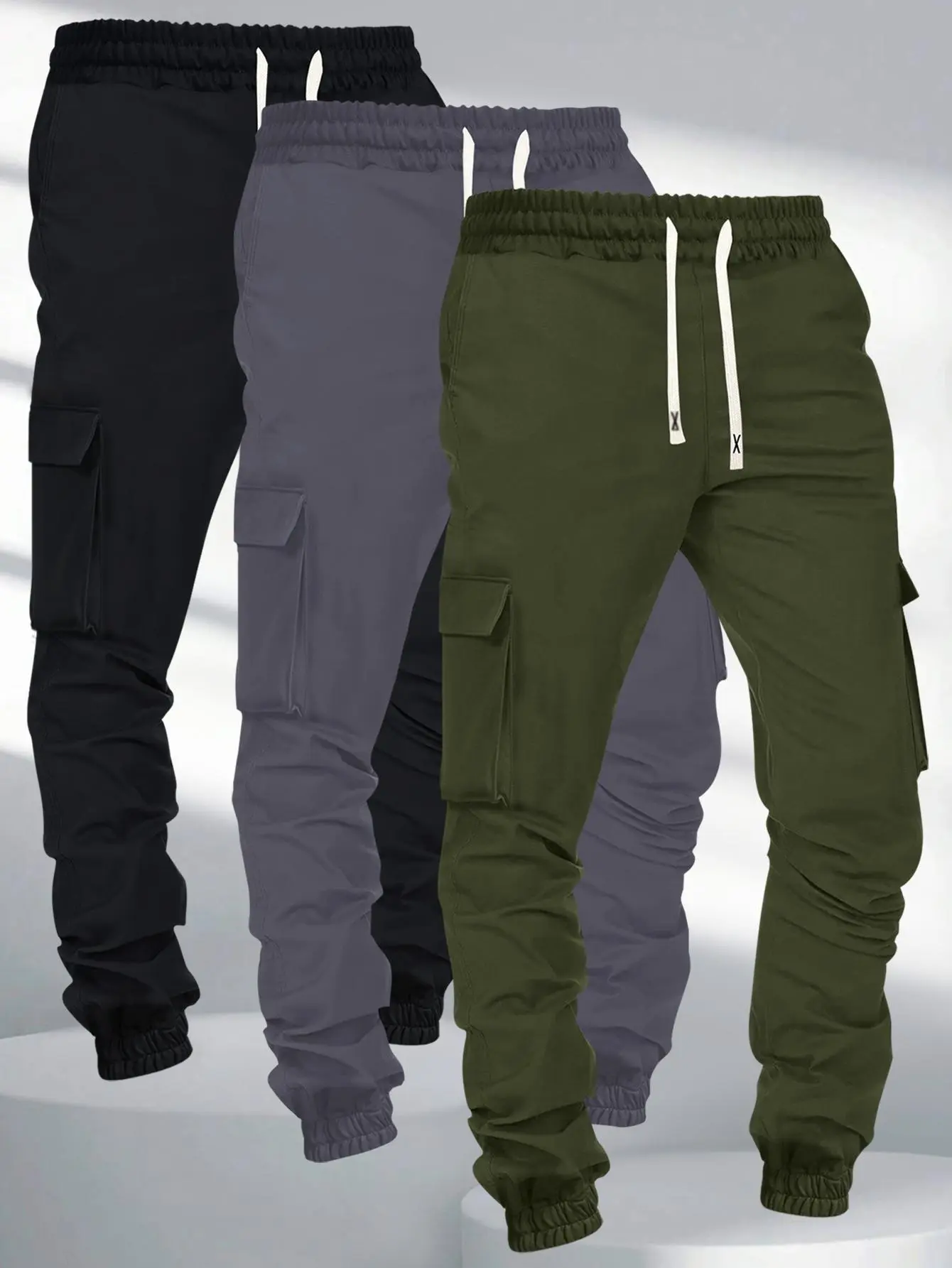 Men's Workwear Jogger Pants, 3 Pack, Autumn & Winter, Multi-Pocket, Solid Color, Lightweight Stretch Waist, Drawstring Closure, Comfortable & Fashionable Casual Running Athletic Trousers