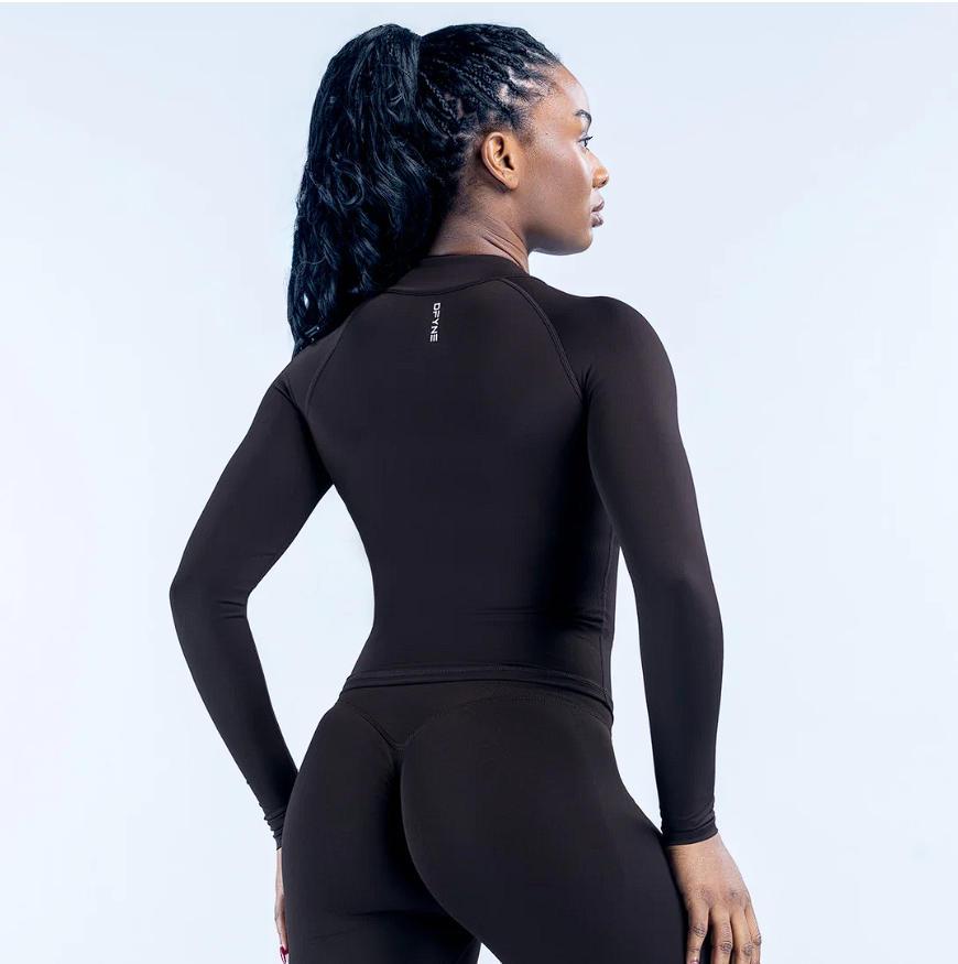 (With Logo) DFYNE Black Seamless Long Sleeve Workout Set - Full Zip Jacket & High Waist Biker Shorts 2-Piece Compression Outfit for Women