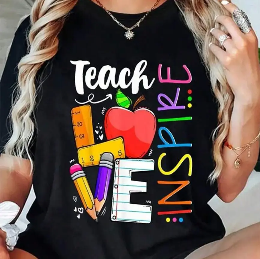 Teacher Women’s Summer Oversize Cotton Tee | Teach Love Inspire Colorful Apple Pencil Ruler Back To School Print, For Educator Teacher Gift Fall Casual Outfits, Soft Breathable Heat Transfer Loose Fit