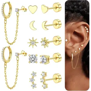 Chain Flat  Earrings  Cartilage Earrings Stacks Sets for Multiple Piercing Small Huggie Hoop Dangle Earrings for Women Trendy Surgical Steel Flatback Stud Earrings