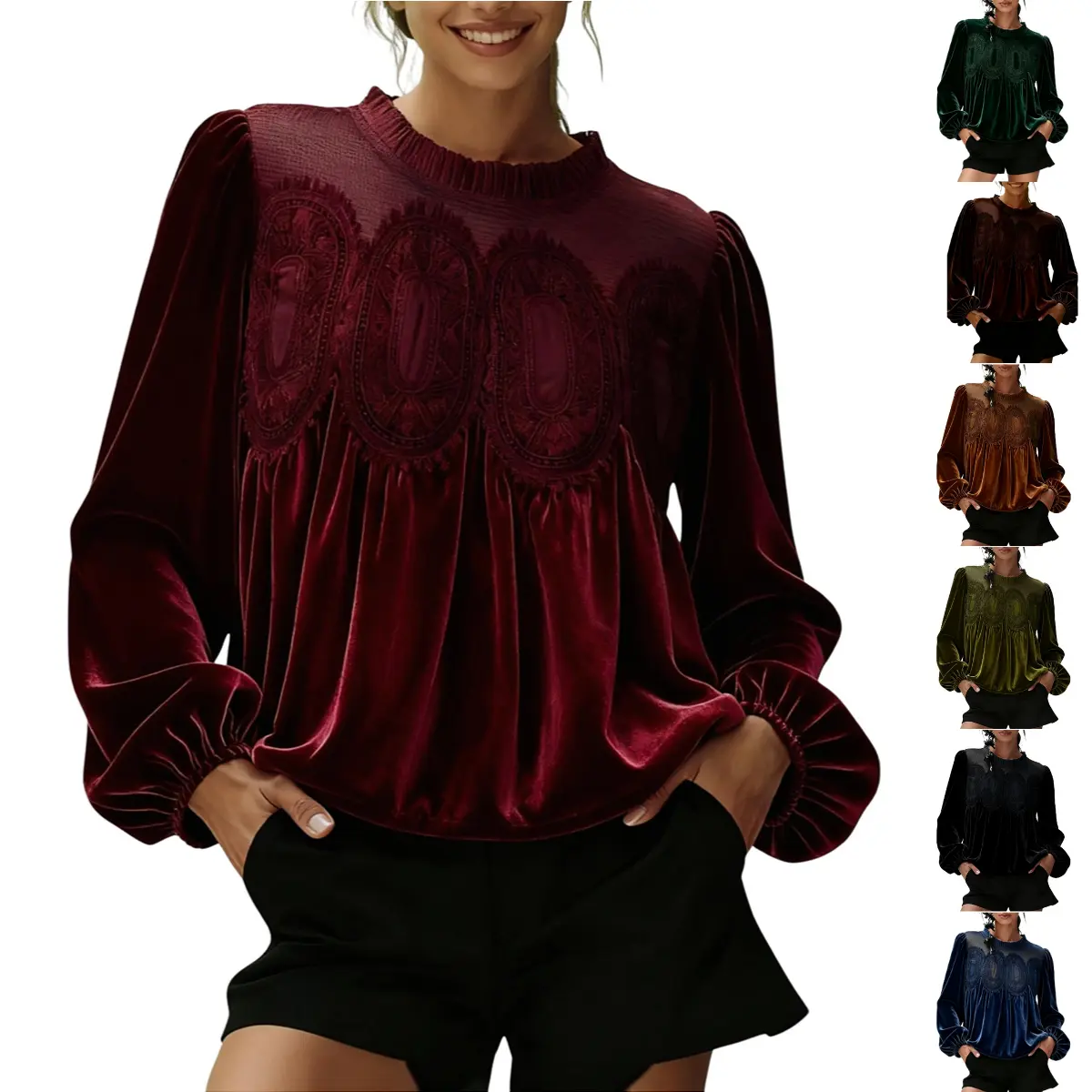Yeokou Women's Elegant Bohemian Blouse with Velvet Lace Trim, Long Sleeve Crew Neck Flared Swing Top for Formal Party & Office, Round Neck, Machine Wash, Easter, Evening, Fashion, Outdoors, Thanksgiving, Vintage, Chinese New Year, Wedding, Retro