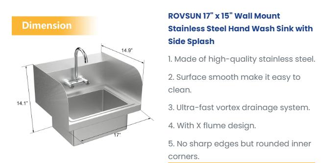 [ FLASH SALE ] ROVSUN 17" x 15" Wall Mount Stainless Steel Hand Wash Sink with Side Splash